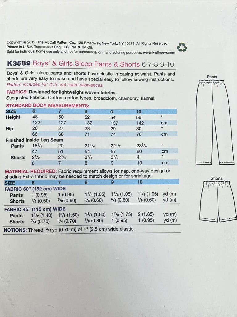 Kwik Sew K3589 - Boys' & Girls' Sleep Pants and Shorts - Sizes 6-10
